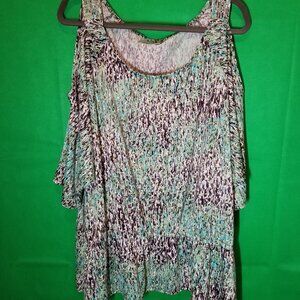 Avenue Women's Green Brown Embellished Cold Shoulder Top Blouse Plus Size 26/28